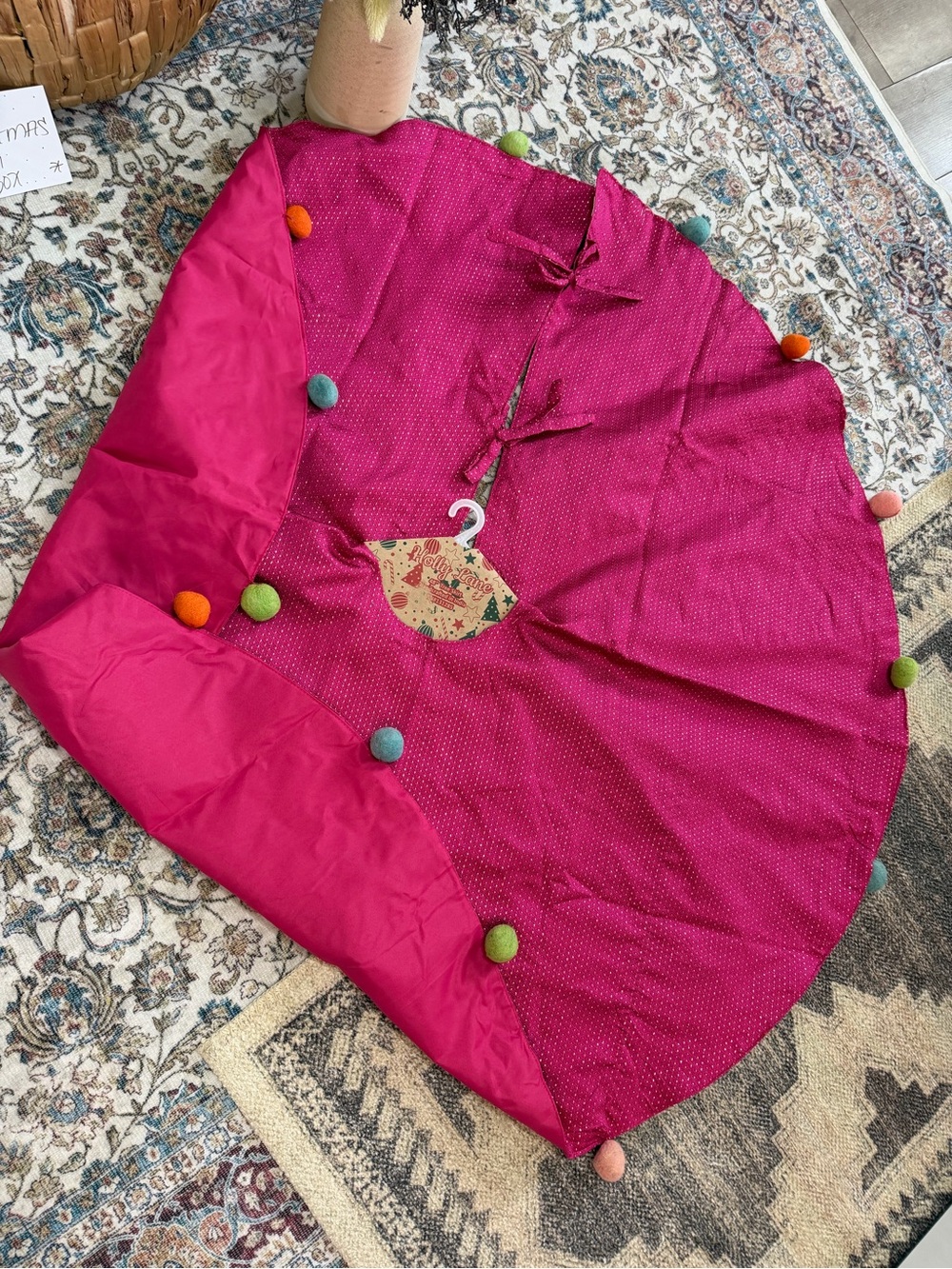 New Christmas Tree Skirt 48” Holly Lane Hot Pink Dot Colorful Pom Trim Handcraft